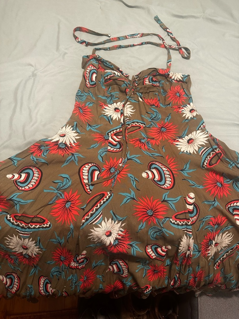 Floral Halter Sundress in Olive with Red & White Blooms